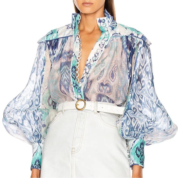 🦄NWT Zimmermann Glassy Long Sleeve Blouse AU1/US6 Spliced Blue Ikat - Picture 1 of 6